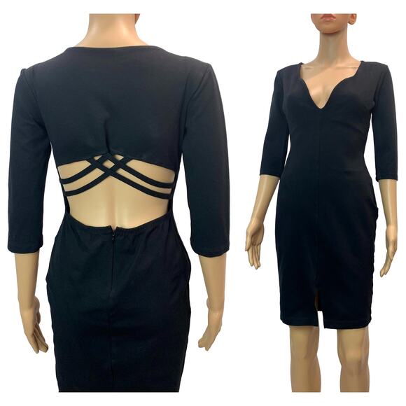 80s Black Cut Out Spandex Dress | Low Cut Tight Fit Classic | M - Picture 2 of 8